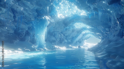 Dim and narrow ice cave, net game style, low polygon, Mabinogi-style, ice pillar, blue fountain of melted ice, snowy passageway 