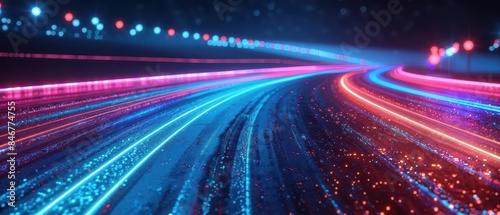 Abstract image of fast-moving neon lights creating dynamic streaks, symbolizing speed, technology, and modernity in a futuristic world.
