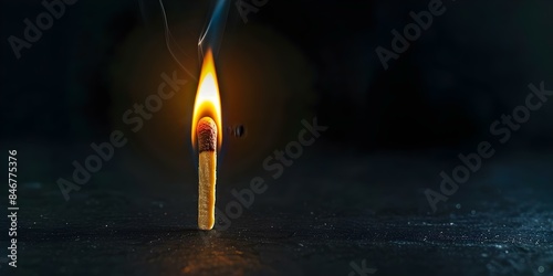 Burning wooden match in closeup against black background with space for text. Concept Macro Photography, Close-up Shots, Burning Match, Dark Background, Copy Space