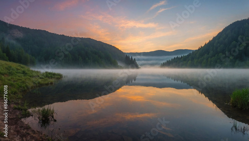 Foggy sunrise at Lacu Rosu lake, Romania.