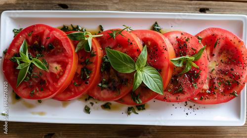 Fatia espessa de tomate servida esteticamente em prato longo branco como fonte de vitaminas e minerais