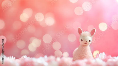 Linda boneca de alpaca de madeira em fundo rosa desfocado com copyspace