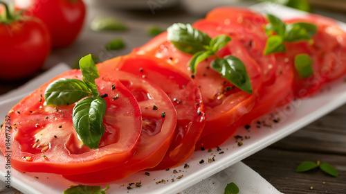 Fatia espessa de tomate servida esteticamente em prato longo branco como fonte de vitaminas e minerais