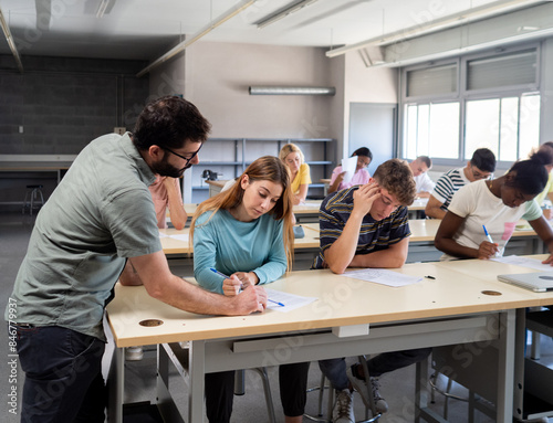 Male teacher advising a group of diverse students in class. High school, university