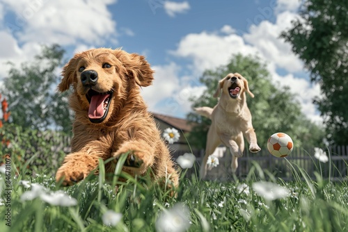 golden retriever dog playing in the yard by generative ai