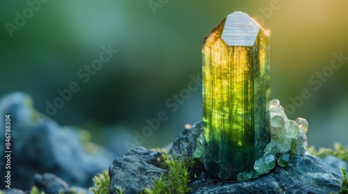 beautiful Tourmaline crystal with backlit and blur natural calm peaceful background