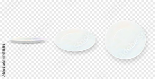 Plate. Set isolated white porcelain plates vector mockup in a realistic style on transparent background dining set of round dishes in different angles. Vector