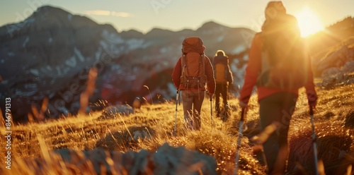 A group of friends hiking in the mountains at sunrise, wearing backpacks and carrying walking sticks, with beautiful mountain views behind them.