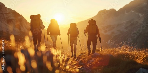 A group of friends hiking in the mountains at sunrise, wearing backpacks and carrying walking sticks, with beautiful mountain views behind them.