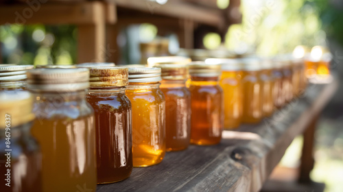 Vários potes de mel, apresentando uma variedade de produtos de mel locais, estão alinhados sobre uma mesa de madeira