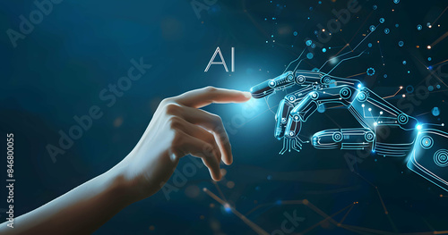 AI, Machine learning, Hands of robot and human touching on big data network connection background, Science and artificial intelligence technology, innovation and futuristic.