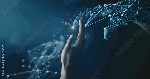 AI, Machine learning, Hands of robot and human touching on big data network connection background, Science and artificial intelligence technology, innovation and futuristic.