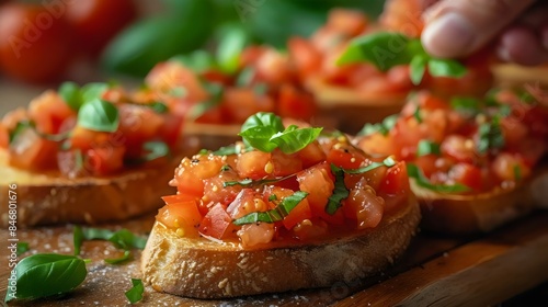 A plate of tomato and basil bruschetta is being served