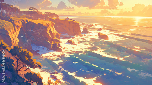 Golden Hour Serenity: Aerial View of Coastal Landscape with Waves Crashing and Sea Breezes Dancing on Water