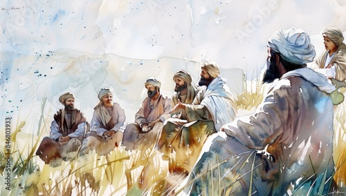 A watercolor painting depicting Jesus teaching his disciples