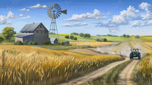Watercolor landscape of farm and tractor on the road, concept of the importance of rural in life, beautiful landscape