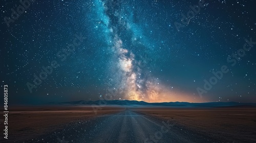 A dirt road leads into the distance under a vast night sky, illuminated by the Milky Way and countless stars.