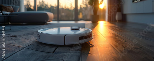 Professional 3D generated white clean designed robotic vacuum cleaner, in a minimalist interior with neutral colors.