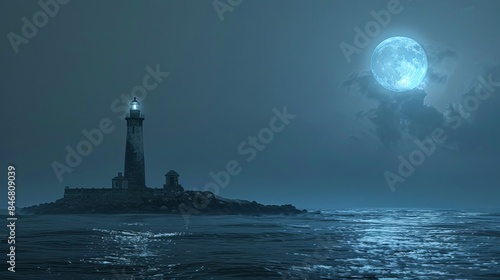 in the night,lighthouse in the middle of the ocean,hug moon and clouds 