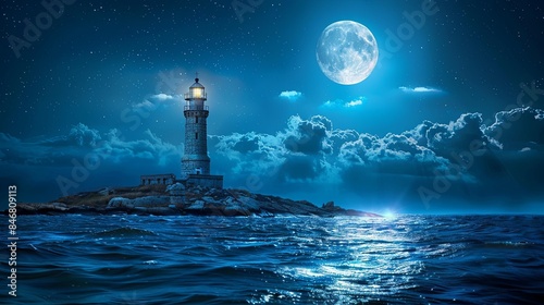 in the night,lighthouse in the middle of the ocean,hug moon and clouds 
