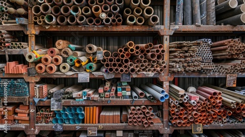 Various building and industrial supplies, including bricks, wood, and pipes, arranged for sale at store 