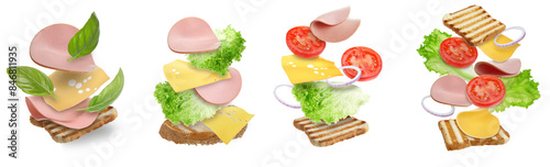 Delicious sandwiches with boiled sausage in air on white background, set
