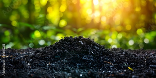 Biochar heap in garden improves soil health and boosts agricultural productivity. Concept Gardening, Soil Health, Biochar, Agricultural Productivity, Composting