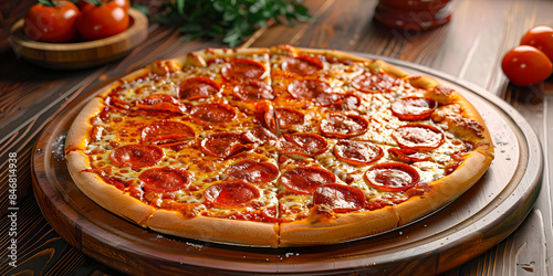 Imagen de una pizza de pepperoni en una mesa de madera estilo casero 