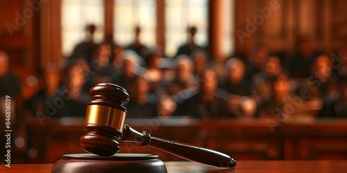 Courtroom scene with judges gavel in focus defendants blurred in background. Concept Law, Gavel, Courtroom, Justice, Trial