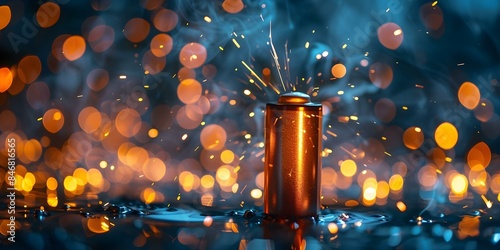 Sparking lithiumion battery with bokeh lights in focus. Concept Product Photography, Lithium-Ion Battery, Lighting Effects, Bokeh Photography, Tech Gear