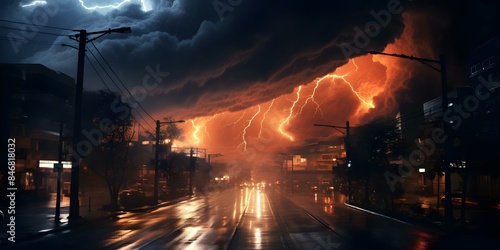 Severe storm devastates city with tornadoes hurricanes and typhoons causing destruction and chaos. Concept Extreme Weather Events, Natural Disasters, Devastation, City Destruction, Chaos