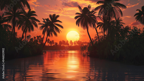 The pond looked through the tall palm trees and saw the sun reflecting on the water and disappearing into the orange sky