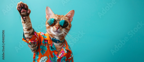 Cat wearing sunglasses and a hawaiian shirt