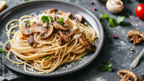 Close Up De Espaguete Com Cogumelos E Queijo Parmesão Em Prato Cinza