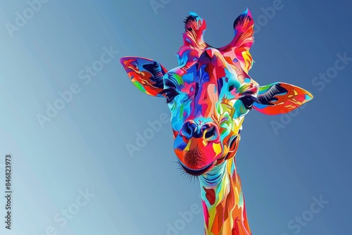 Vibrant digital art of a giraffe with abstract colors against a clear sky