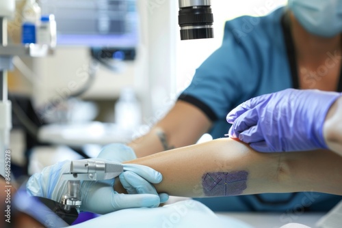 dermatologist performing a skin biopsy on a patient's arm 