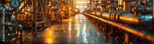 Industrial facility with complex piping and gauges, warm lighting casting shadows, representing the intricacies of manufacturing and processing