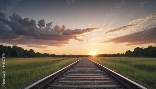 Illustration of a railway track stretching out across the expansive, untouched landscape at dusk in rural America