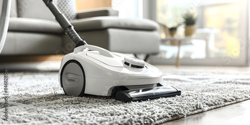 Electric white vacuum cleaner cleans living room carpet efficiently. Concept Household Appliances, Vacuum Cleaner, Cleaning Tips, Efficiency, Home Maintenance