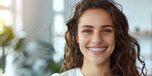 Confident woman smiling brightly in modern orthodontic aligners against a bright background. Concept Dental Photography, Orthodontic Aligners, Confident Smile, Bright Background, Modern Dentistry