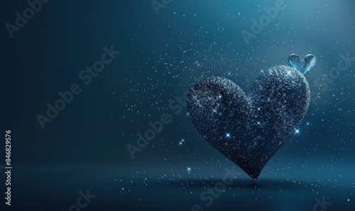Glittery, textured heart floating in a serene, dark blue background, symbolizing love and elegance with a touch of sparkle and mystery.