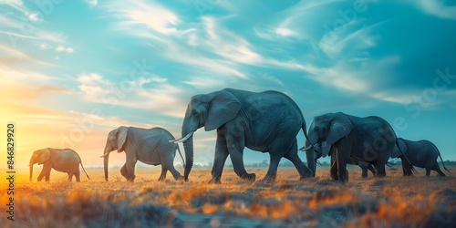Elephants migrating due to climate change impact on food and water sources. Concept Climate Change, Wildlife Migration, Elephant Conservation, Environmental Impact, Habitat Loss