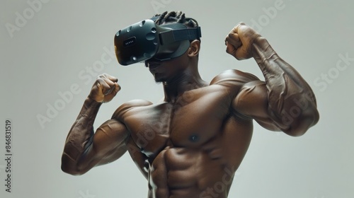 A muscular man with a defined physique wears a VR headset and flexes his biceps.