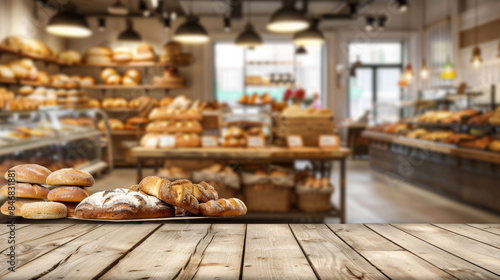 Wooden table top on blurred background of bakery for product display or advertising
