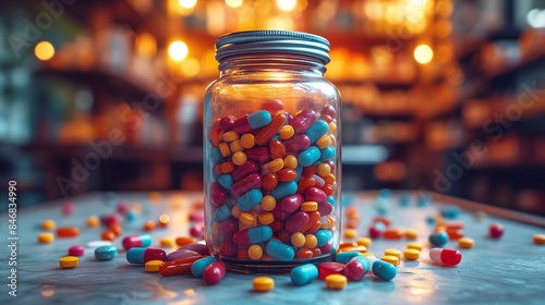 A jar full of colorful pills in a pharmacy table. 