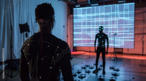 A person wearing a motion capture suit stands in a studio, facing a projection screen displaying a grid pattern.