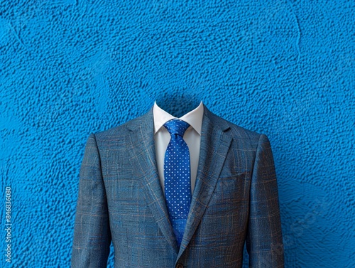 A headless suit with a blue tie stands against a textured blue wall. A surreal image representing anonymity or a lack of individuality.