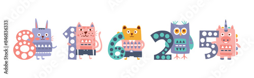 Cute Baby Animal and Educational Number Figure Vector Set