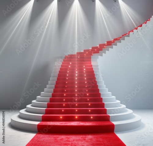 Elegant stage with red carpet staircase illuminated by spotlights