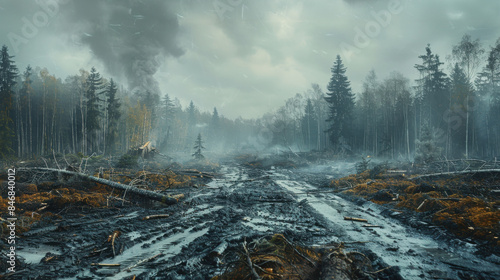 Forest destruction scene with fallen trees, muddy ground, and smoke in the background indicating the aftermath of deforestation.